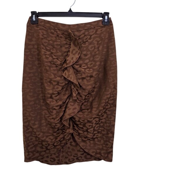Zara Basic Womens Med Skirt Brown Ruffle Animal Leopard Print Back Zip Office - Picture 2 of 4